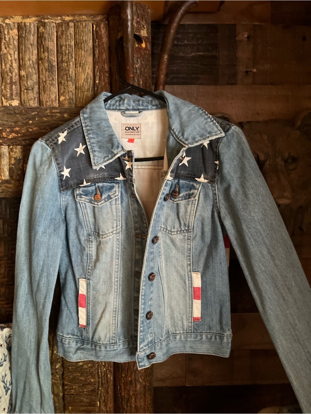 Only Light Wash Denim Jacket with Navy Star Yoke and Red-Striped Pocket Trim